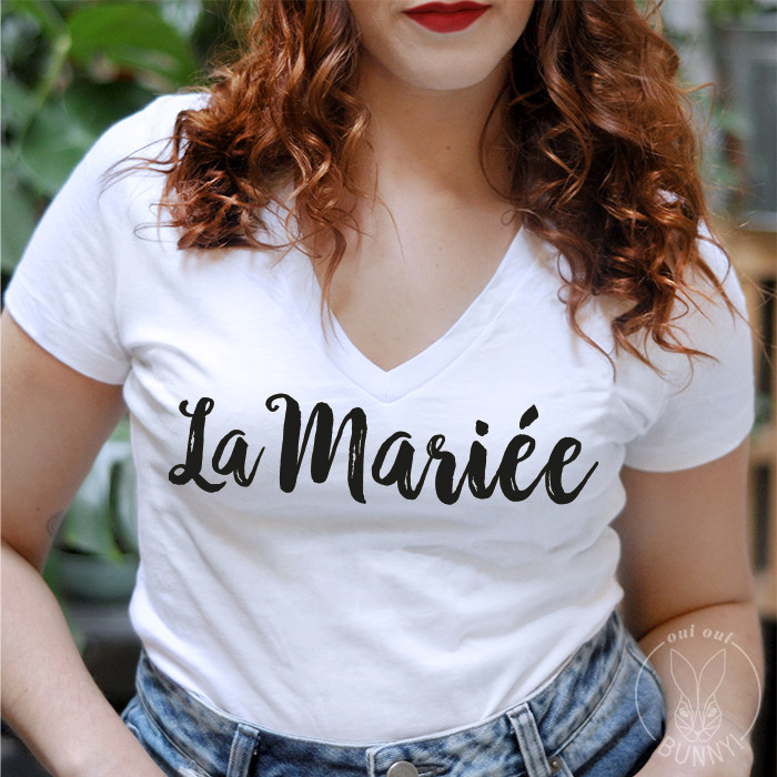 T-Shirt La Mariée col V ajusté, écriture Noire